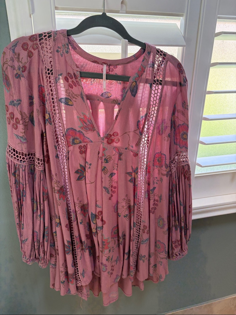 Free People Dusty Rose Floral Crochet-Trim Tunic
